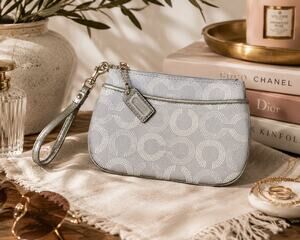 Coach Signature Silver Gray Grab & Go Wristlet Wallet